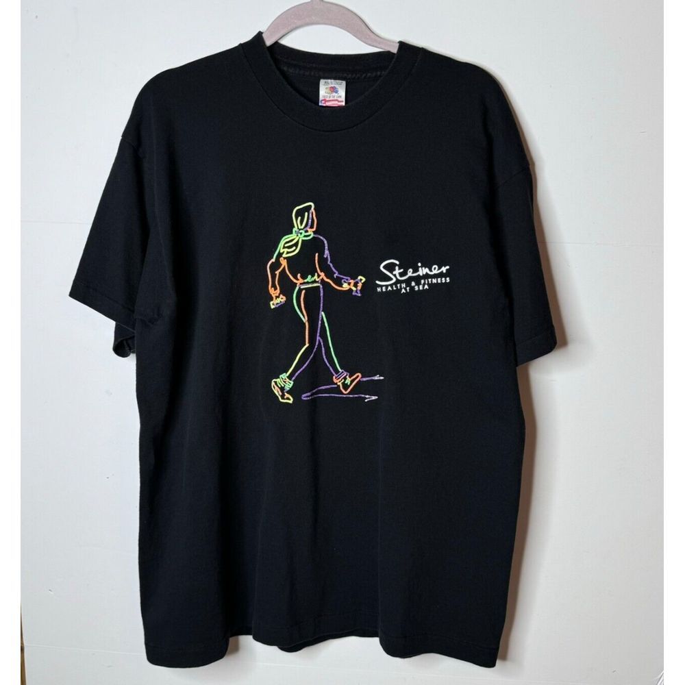 Vtg Steiner At Sea Fitness Shirt Gym XL Neon Graphic Black Single Fruit‎ USA 90s
